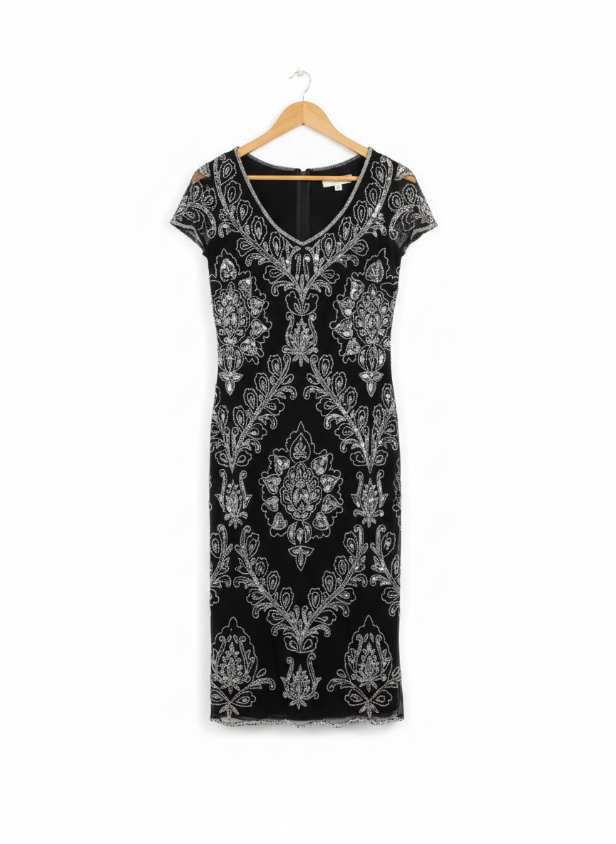 PISSARO NIGHTS|S/M|BUST 17|BLACK AND SILVER BEADED CAP SLEEVE V-NECK MIDI DRESS
