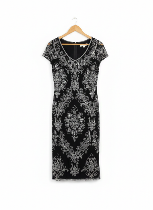 PISSARO NIGHTS|S/M|BUST 17|BLACK AND SILVER BEADED CAP SLEEVE V-NECK MIDI DRESS