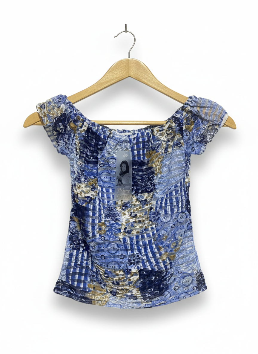 PRIME CASUAL |S| BUST 13|C2|VINTAGE-INSPIRED PATCHWORK CAP SLEEVE TOP