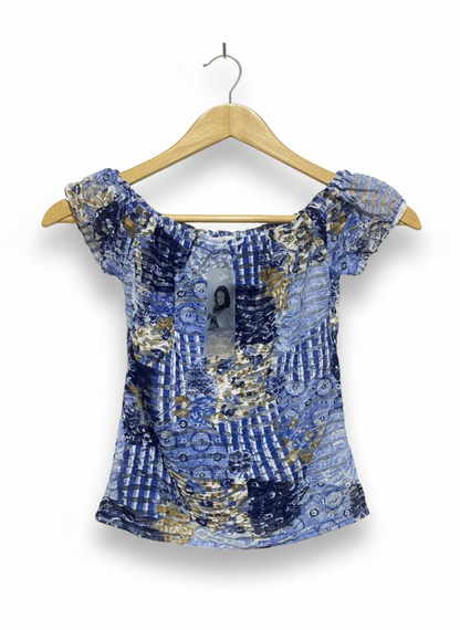 PRIME CASUAL |S| BUST 13|C2|VINTAGE-INSPIRED PATCHWORK CAP SLEEVE TOP