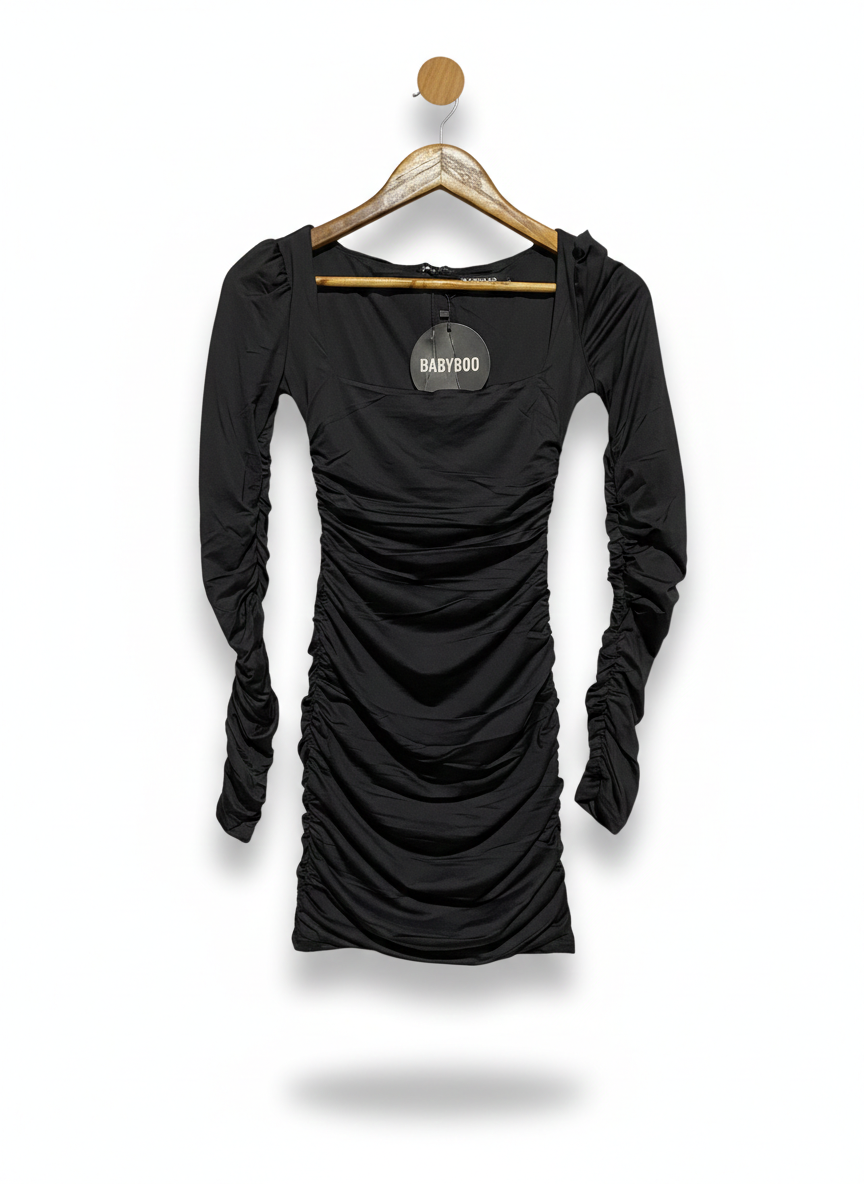BABY BOO |S| BUST 13| NOIR RUCHED BODYCON MINI DRESS