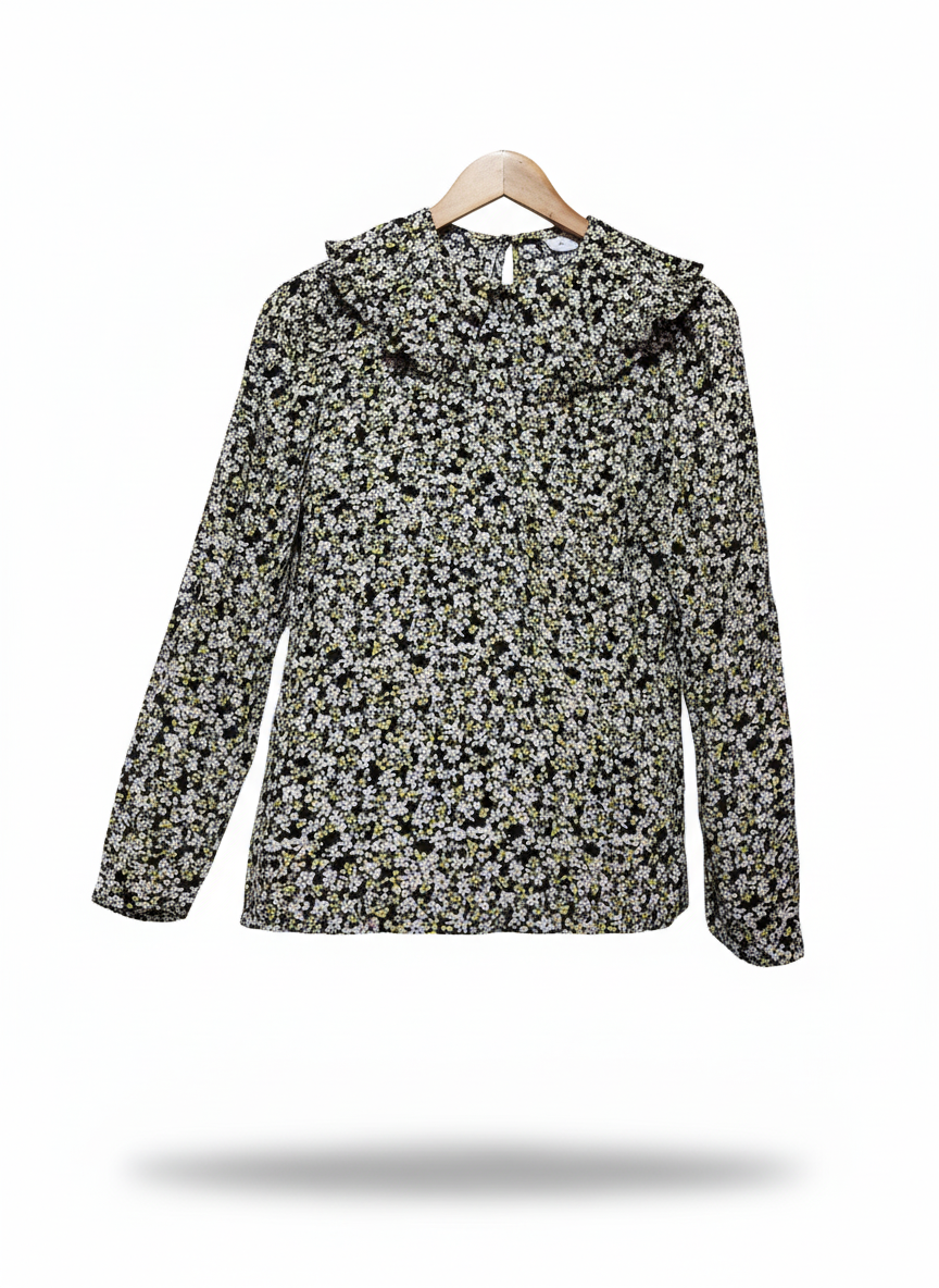 PAPAYA Multicolored Floral Print V-Neck Long-Sleeve Blouse With A Ruffle Trim