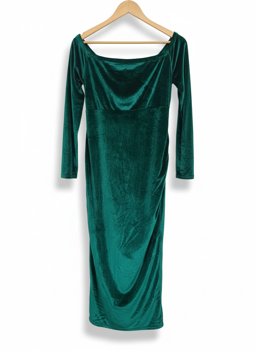 FASHION NOVA|XL|BUST 17.5|Green Velvet Devoré Ruched Front Midi Dress