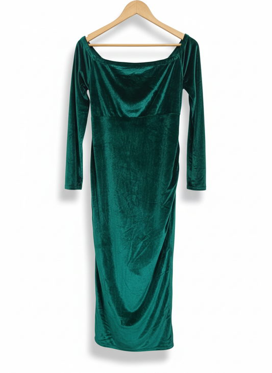 FASHION NOVA|XL|BUST 17.5|Green Velvet Devoré Ruched Front Midi Dress