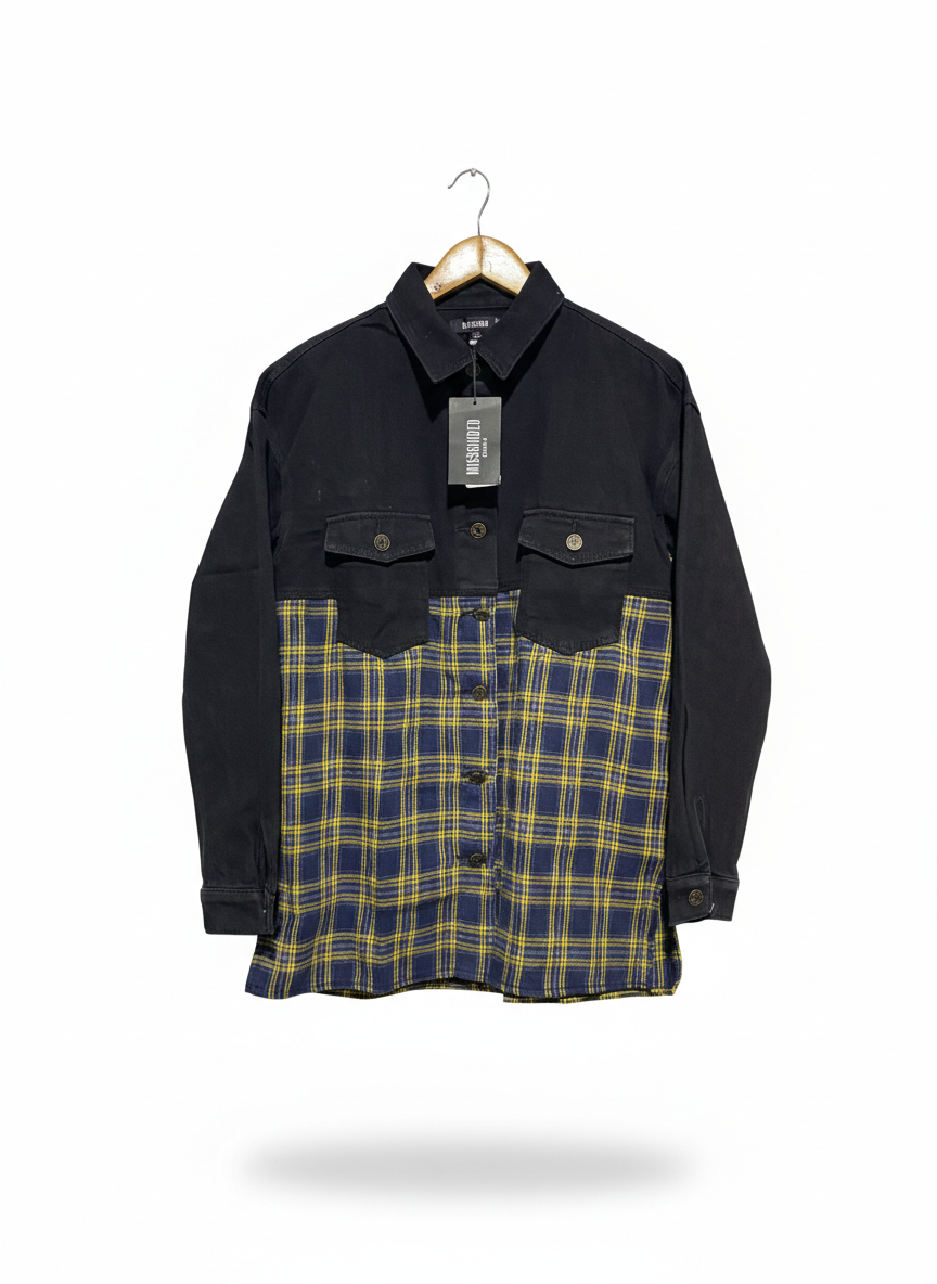 MISSGUIDED |L| BUST 20| Petite Spliced Check Denim Shirt