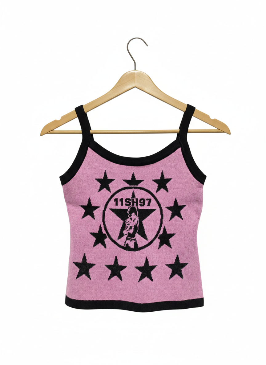 11SH97 |M| BUST M| Pink and Black Star Graphic Knit Crop Top