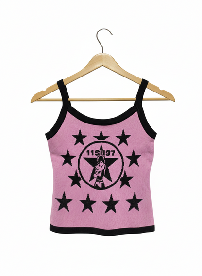 11SH97 |M| BUST M| Pink and Black Star Graphic Knit Crop Top