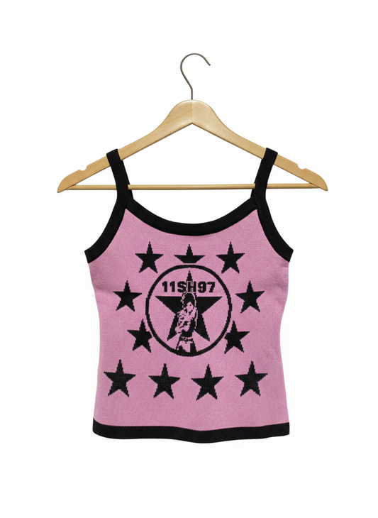 11SH97 |M| BUST M| Pink and Black Star Graphic Knit Crop Top