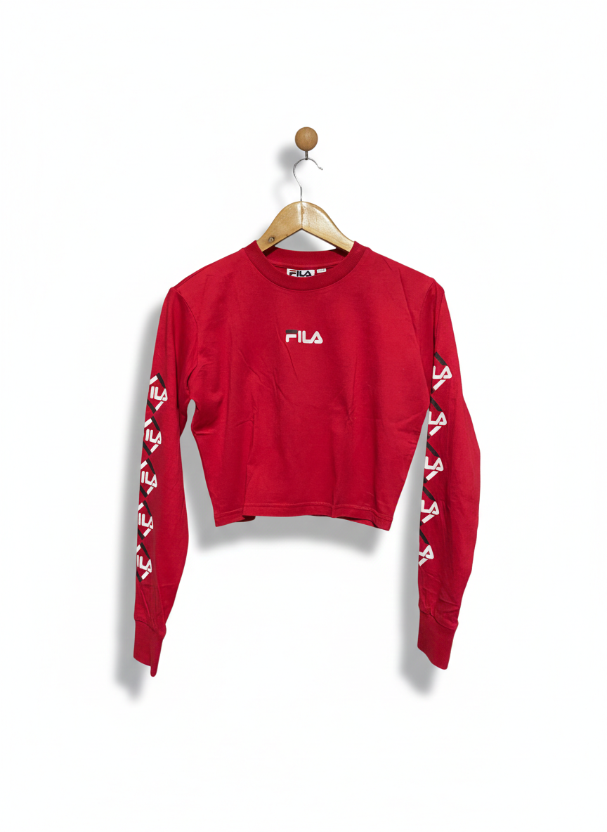 FILA |XS| BUST 19|  C1| WOMEN'S RED LONG SLEEVE CROP TOP WITH SLEEVE LOGO GRAPHICS
