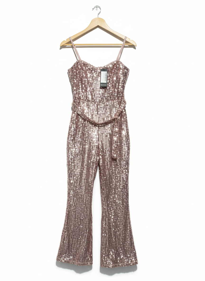 BOOHOO|M|BUST 16|Rose Gold Sequined Flare-Leg Jumpsuit