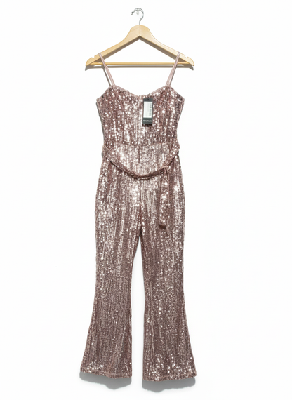 BOOHOO|M|BUST 16|Rose Gold Sequined Flare-Leg Jumpsuit