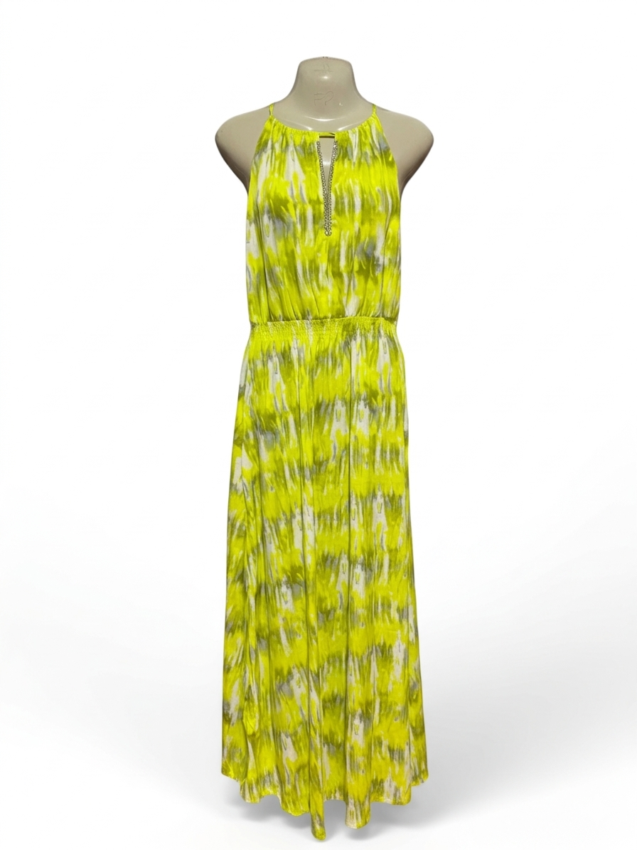 ARDENB | S| BUST 16| B10| VIBRANT LIME ABSTRACT PRINT HALTER MAXI DRESS