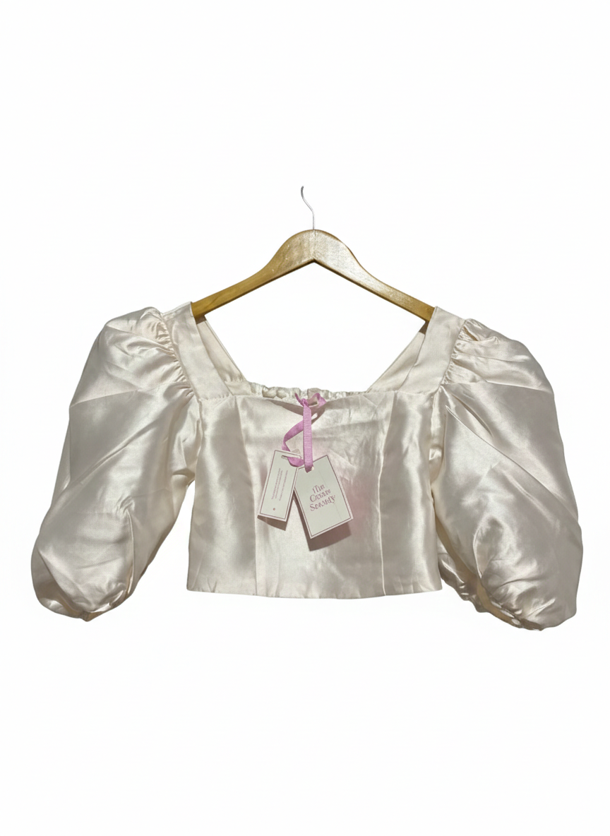 THE GRACE SOCIETY |L| BUST 15| ELEGANT IVORY SATIN PUFF-SLEEVE CROP TOP
