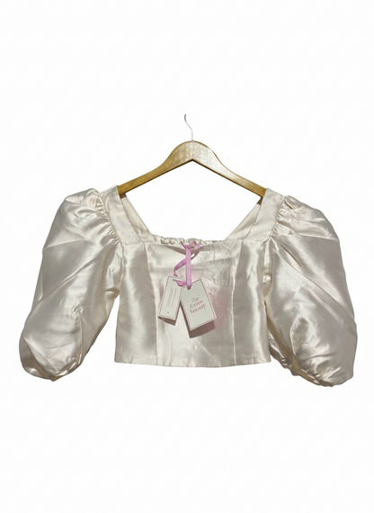 THE GRACE SOCIETY |L| BUST 15| ELEGANT IVORY SATIN PUFF-SLEEVE CROP TOP