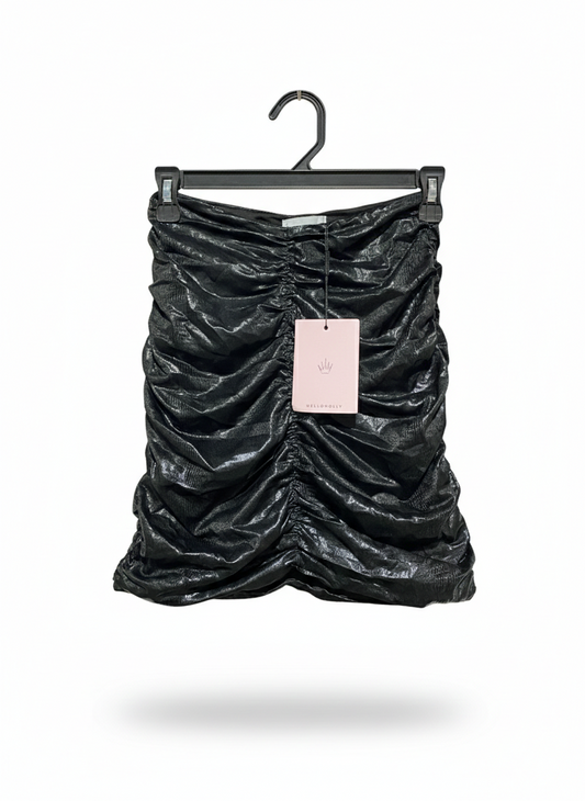 HELLO MOLLY |S| WAIST 24| STYLISH AND TEXTURED BLACK MINI SKIRT WITH FLATTERING RUCHED DETAILING