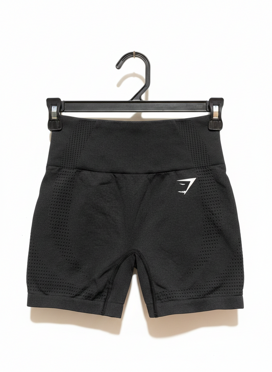 GYMSHARK  |XS| WAIST 22|  BLACK HIGH-WAISTED WORKOUT SHORTS