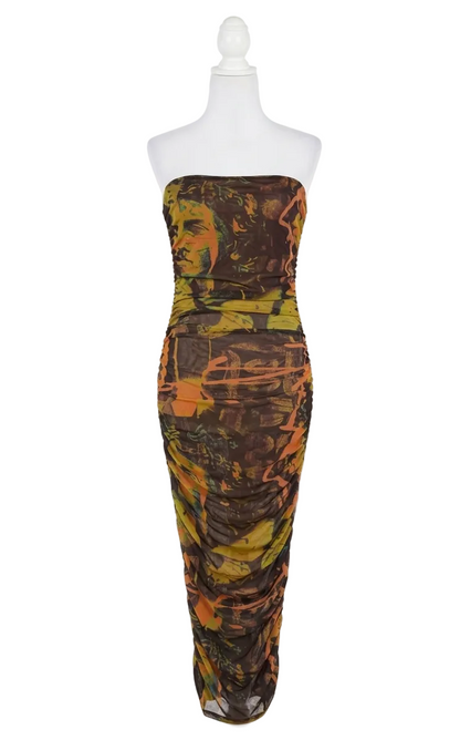 PRETTYLITTLE THING |S| BUST 14| B9| LUXURY ART-PRINT STRAPLESS RUCHED MESH MAXI DRESS