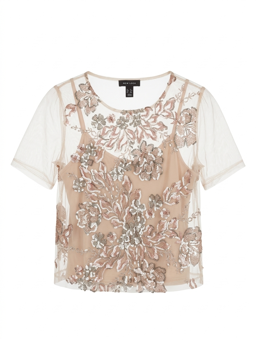 NEW LOOK |S| BUST 16| B8| SHEER MESH TOP WITH ROSE GOLD SEQUIN FLORAL EMBROIDERY
