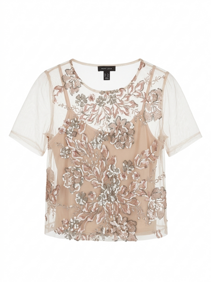 NEW LOOK |S| BUST 16| B8| SHEER MESH TOP WITH ROSE GOLD SEQUIN FLORAL EMBROIDERY