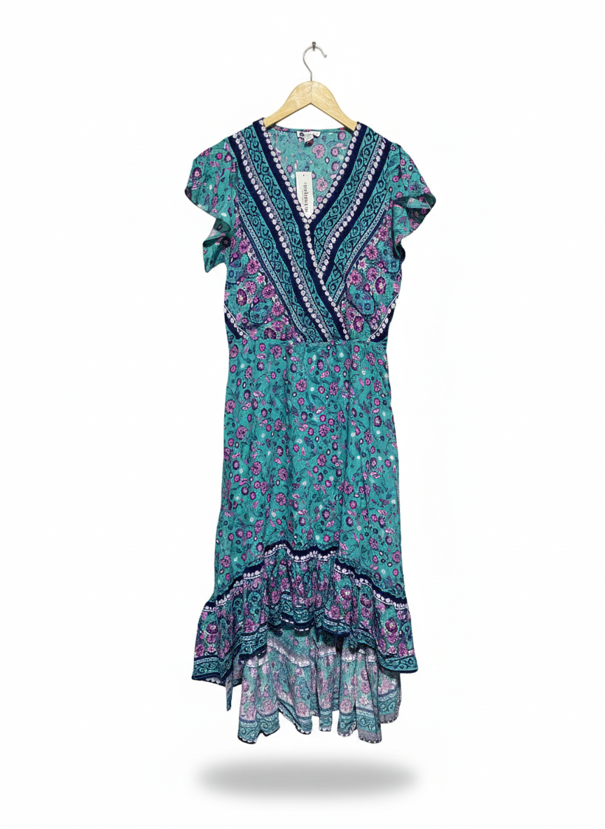 ROCKMANS |L| BUST 18|B12| VINTAGE BOHO TEAL & MAGENTA FLORAL MAXI DRESS