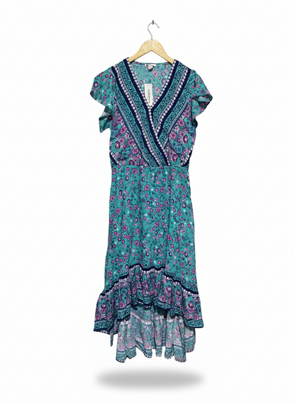 ROCKMANS |L| BUST 18|B12| VINTAGE BOHO TEAL & MAGENTA FLORAL MAXI DRESS