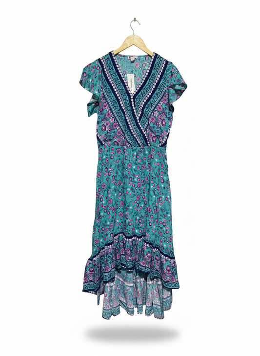 ROCKMANS |L| BUST 18|B12| VINTAGE BOHO TEAL & MAGENTA FLORAL MAXI DRESS