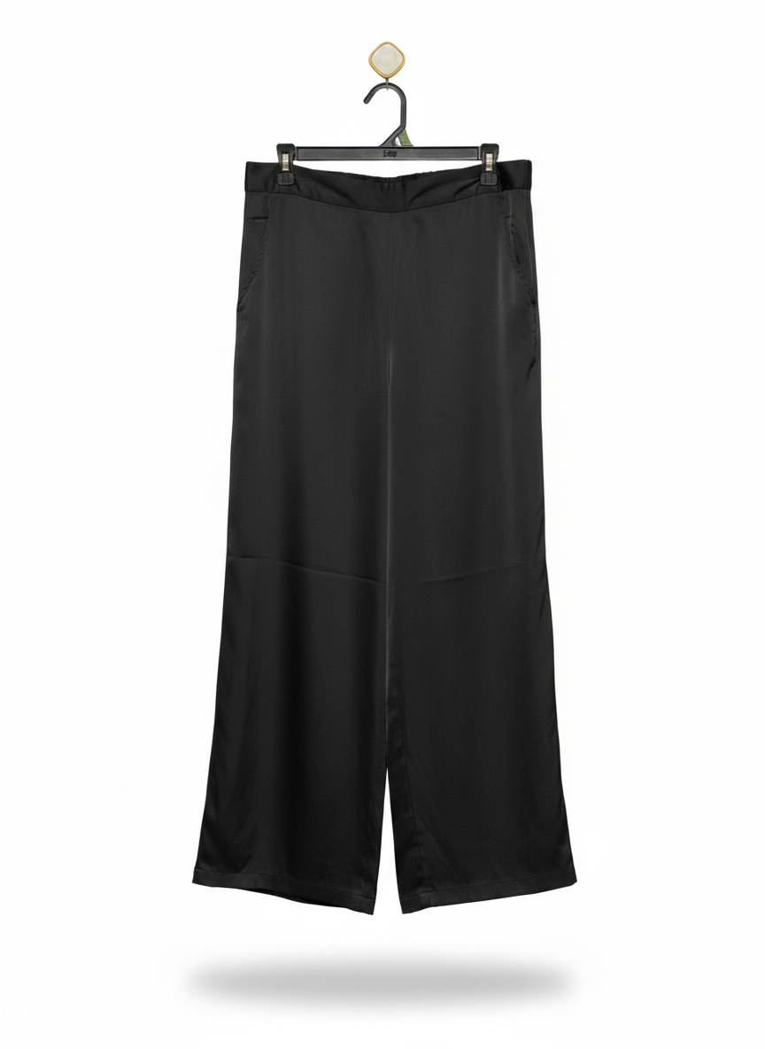 WOMEN’S BLACK WIDE-LEG SATIN TROUSERS - ELEGANT HIGH-WAISTED PALAZZO PANTS |XL| WAIST 32|