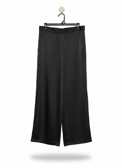 WOMEN’S BLACK WIDE-LEG SATIN TROUSERS - ELEGANT HIGH-WAISTED PALAZZO PANTS |XL| WAIST 32|