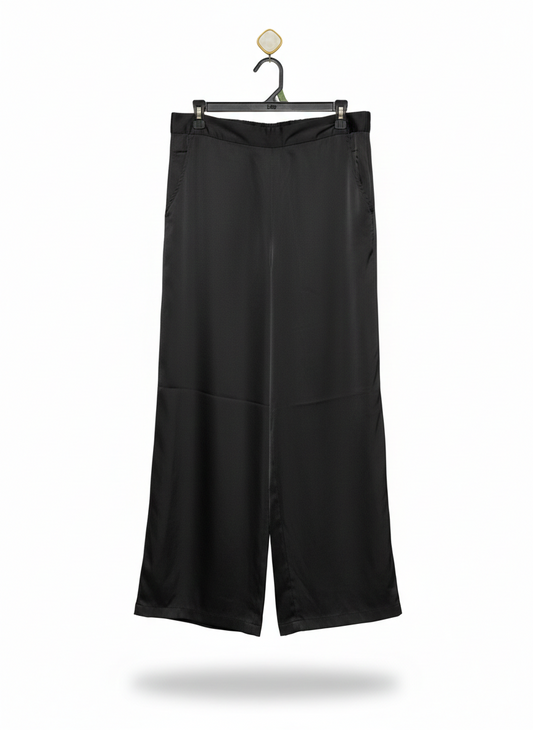 WOMEN’S BLACK WIDE-LEG SATIN TROUSERS - ELEGANT HIGH-WAISTED PALAZZO PANTS |XL| WAIST 32|