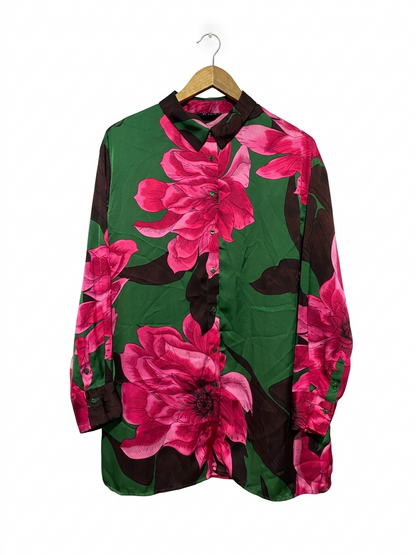 ET VOUS |XL| BUST 24| B13| VIBRANT PINK PEONY PRINT ON EMERALD GREEN SATIN FABRIC