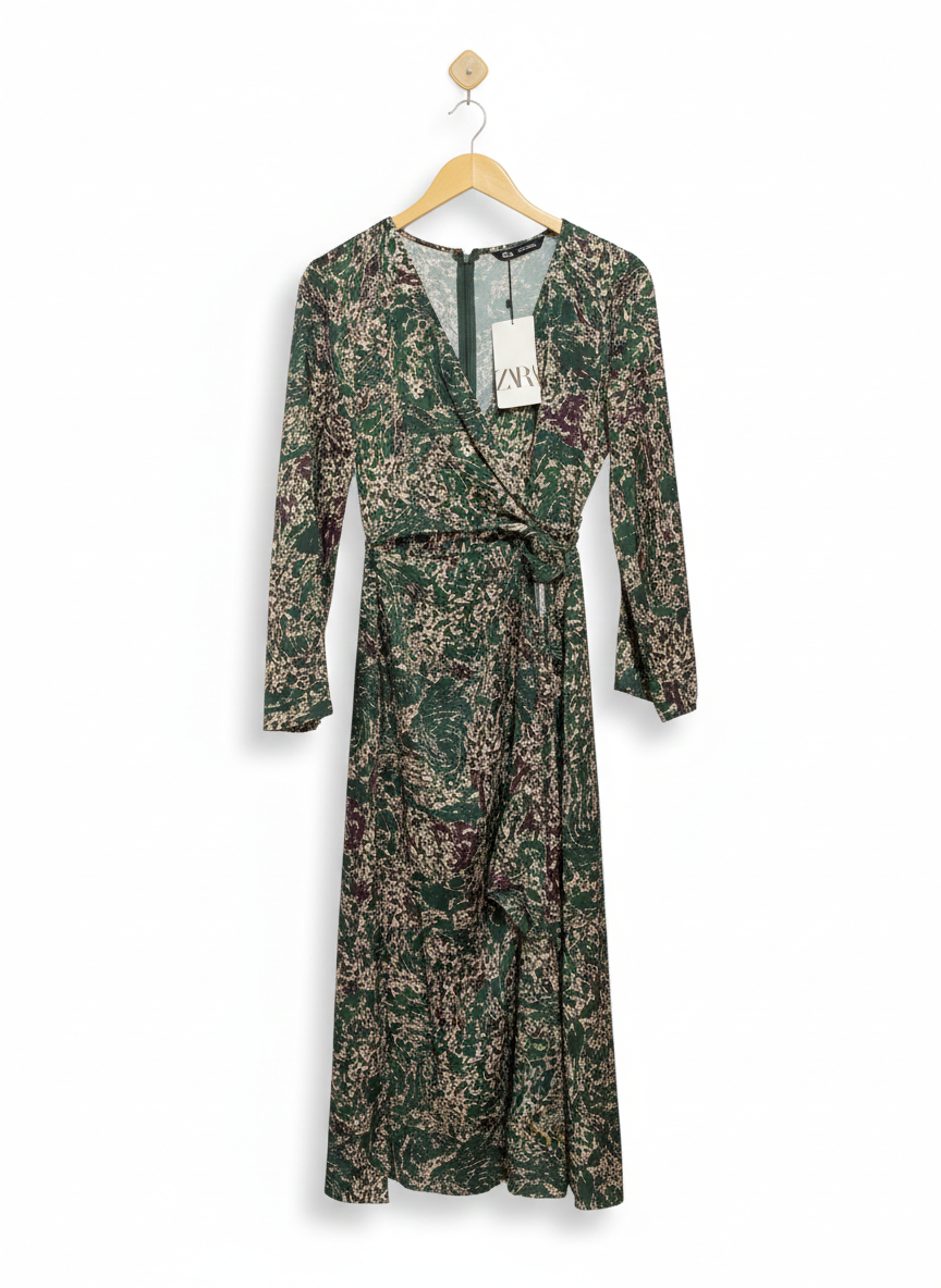 ZARA |M| BUST 17| GREEN MULTI SATIN PRINTED MIDI WRAP STYLE DRESS