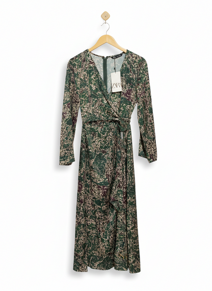 ZARA |M| BUST 17| GREEN MULTI SATIN PRINTED MIDI WRAP STYLE DRESS
