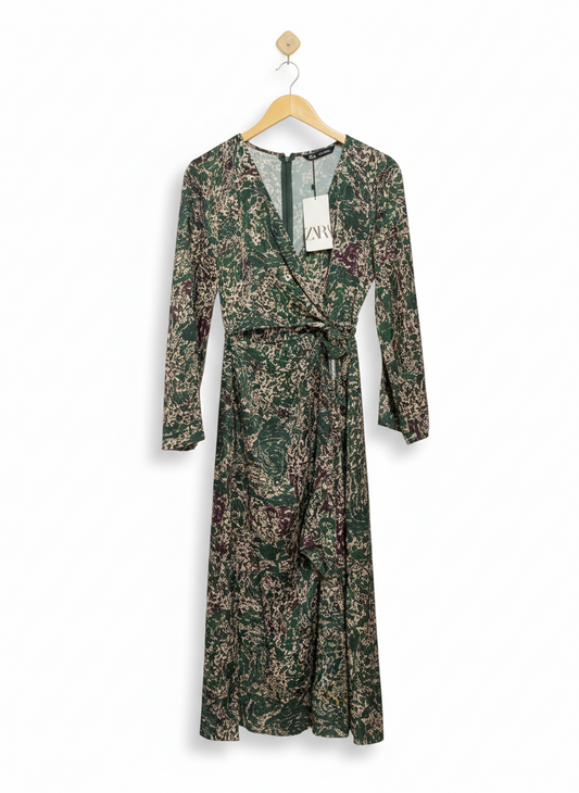 ZARA |M| BUST 17| GREEN MULTI SATIN PRINTED MIDI WRAP STYLE DRESS