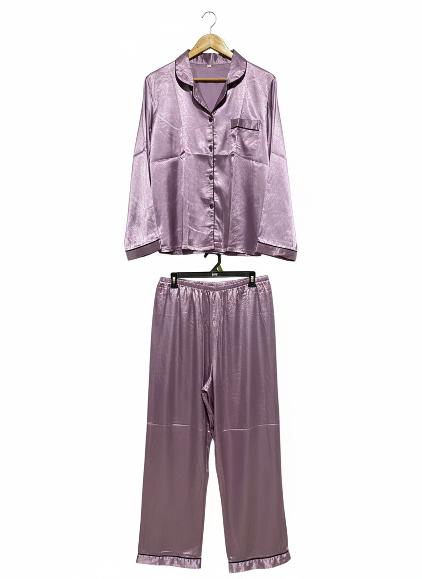 |XL| B2| LUXE MAUVE SILK-SATIN PAJAMA SET - LONG-SLEEVE BUTTON-DOWN & MATCHING TROUSERS