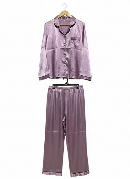 |XL| B2| LUXE MAUVE SILK-SATIN PAJAMA SET - LONG-SLEEVE BUTTON-DOWN & MATCHING TROUSERS