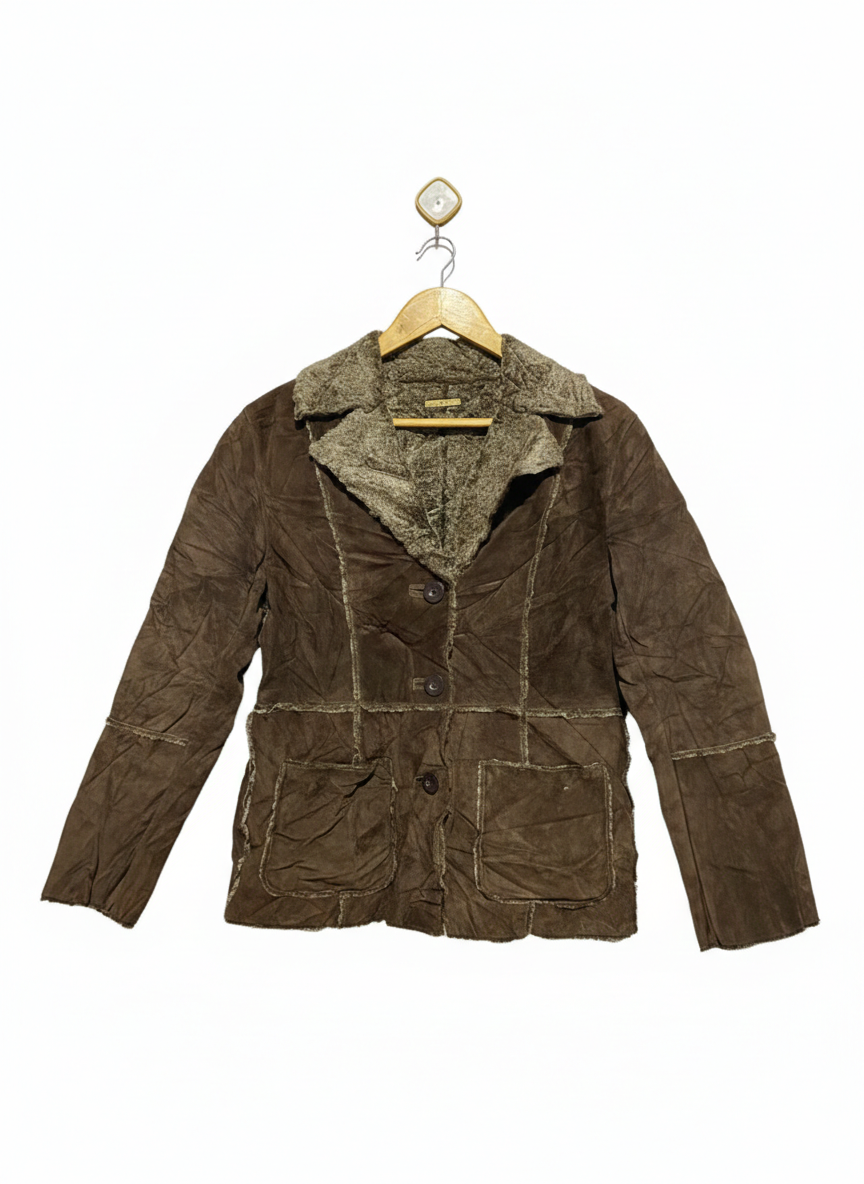 GUESS |M| BUST 19| Vintage Brown Suede Patchwork Jacket with Faux Shearling Lining