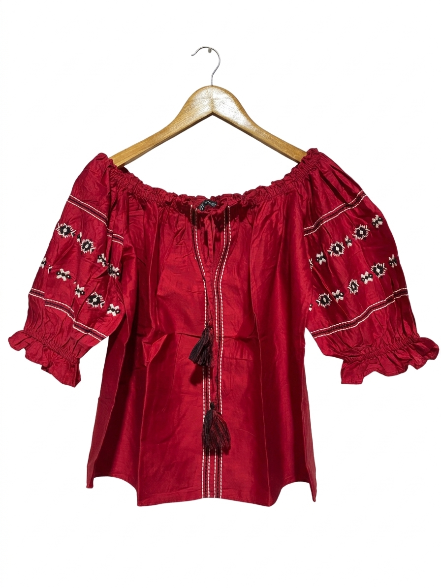 ZARA |S| BUST 19| B4| RED BOHO EMBROIDERED OFF-THE-SHOULDER PEASANT BLOUSE