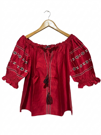 ZARA |S| BUST 19| B4| RED BOHO EMBROIDERED OFF-THE-SHOULDER PEASANT BLOUSE