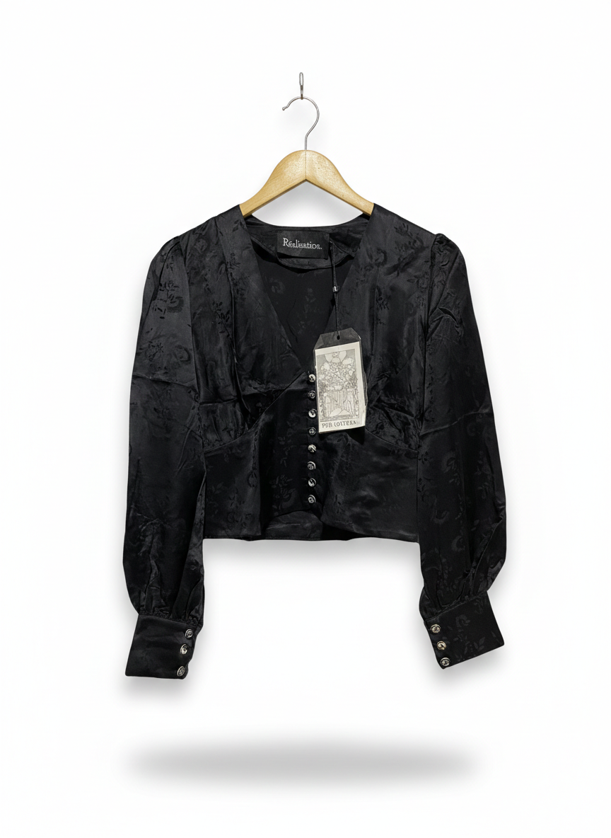 REALISATION |S| BUST 17| BLACK SATIN JACQUARD BLOUSE – ELEGANT V-NECK CROPPED TOP WITH BUTTON FRONT