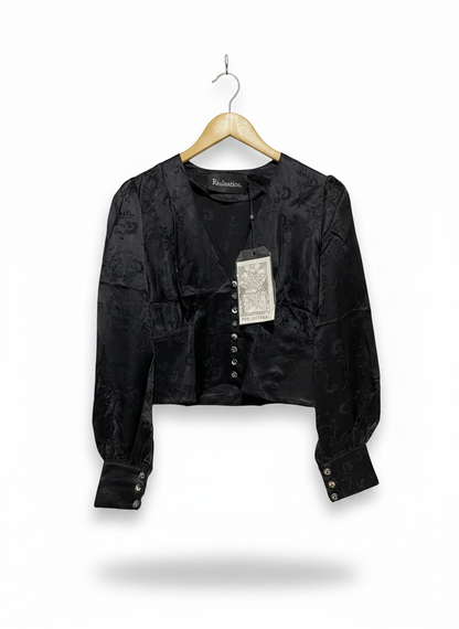 REALISATION |S| BUST 17| BLACK SATIN JACQUARD BLOUSE – ELEGANT V-NECK CROPPED TOP WITH BUTTON FRONT