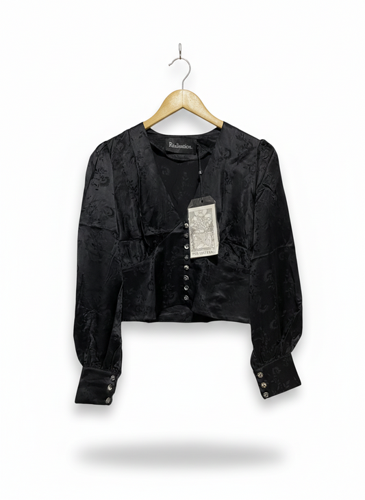 REALISATION |S| BUST 17| BLACK SATIN JACQUARD BLOUSE – ELEGANT V-NECK CROPPED TOP WITH BUTTON FRONT
