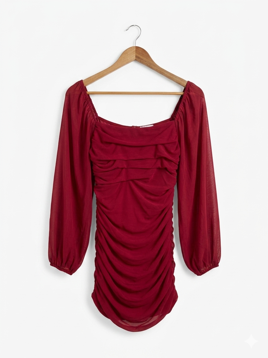 RUMOR |M| BUST 13| B11| WINE RED RUCHED MESH LONG SLEEVE BODYCON MINI DRESS
