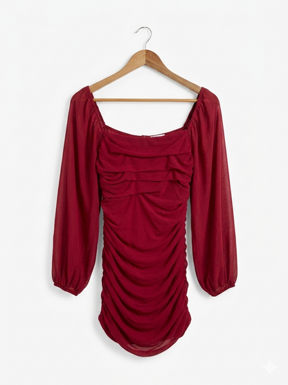 RUMOR |M| BUST 13| B11| WINE RED RUCHED MESH LONG SLEEVE BODYCON MINI DRESS
