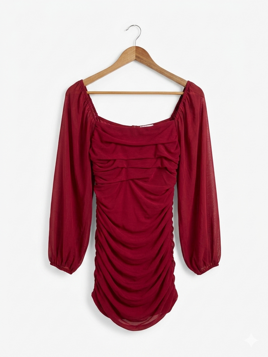 RUMOR |M| BUST 13| B11| WINE RED RUCHED MESH LONG SLEEVE BODYCON MINI DRESS