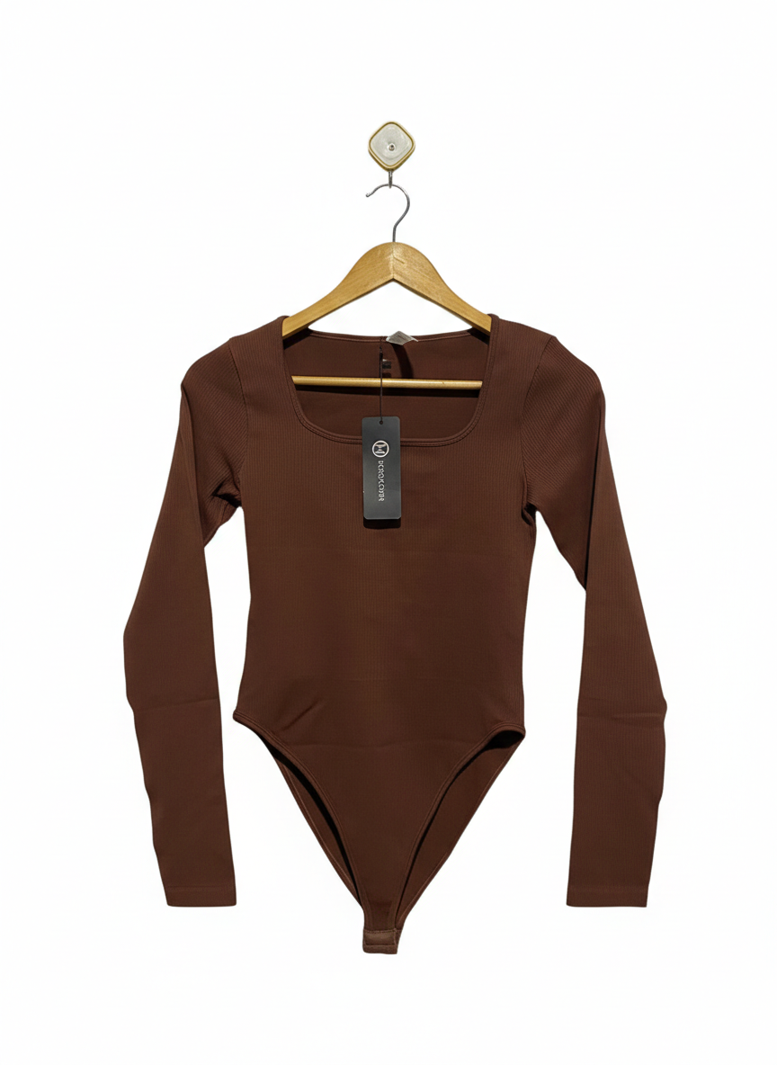 MOOSLOVER |S| BUST 13| Brown Square Neck Long Sleeve Bodysuit