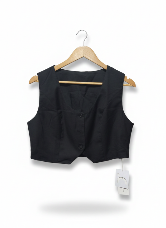 COMMENSE |L|BUST 18|Black Square Neck Button-Front Crop Top