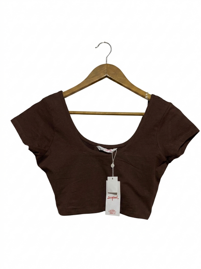 SUPRE |M| BUST 15| B27| WOMEN'S PREMIUM SOLID BROWN CROP TOP – DEEP SCOOP NECK SHORT SLEEVE BASIC TEE