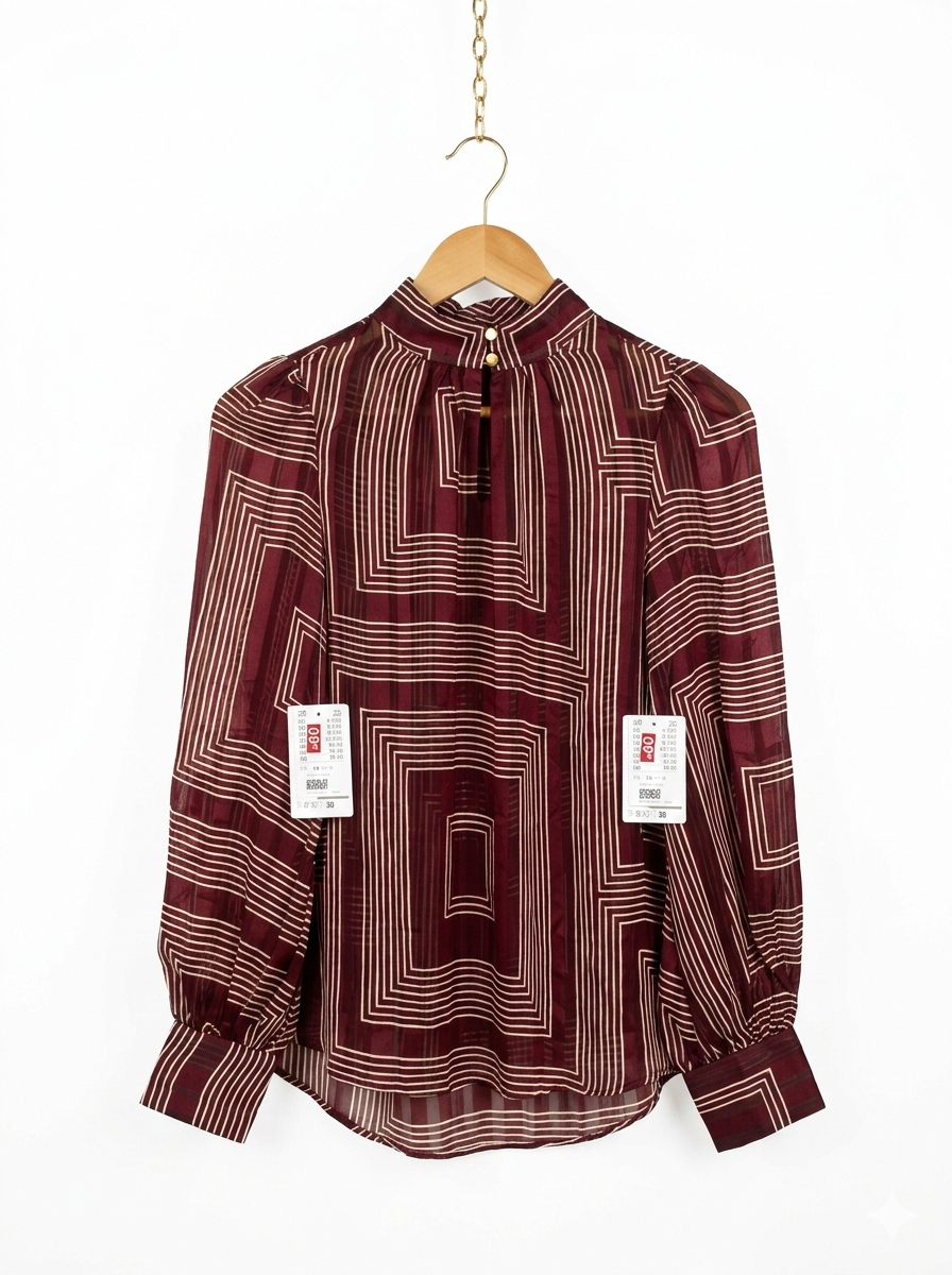 H.M |L| BUST 20|- BURGUNDY & CREAM SHEER LANTERN SLEEVE TOP