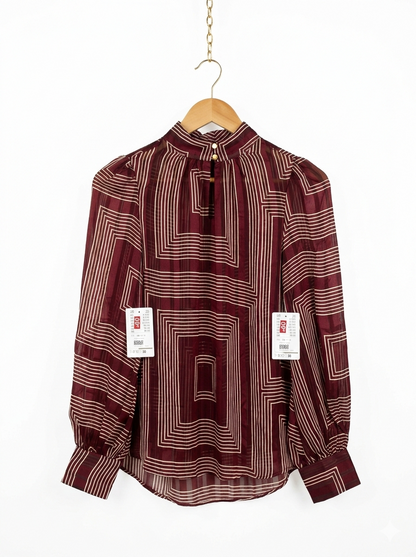H.M |L| BUST 20|- BURGUNDY & CREAM SHEER LANTERN SLEEVE TOP