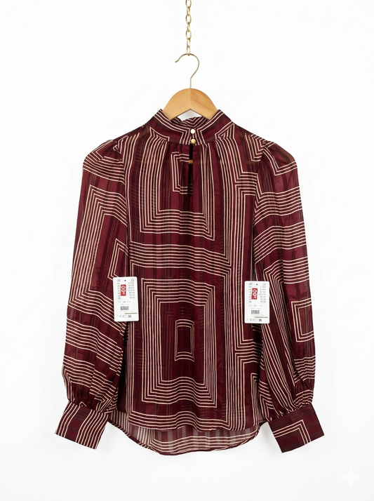 H.M |L| BUST 20|- BURGUNDY & CREAM SHEER LANTERN SLEEVE TOP